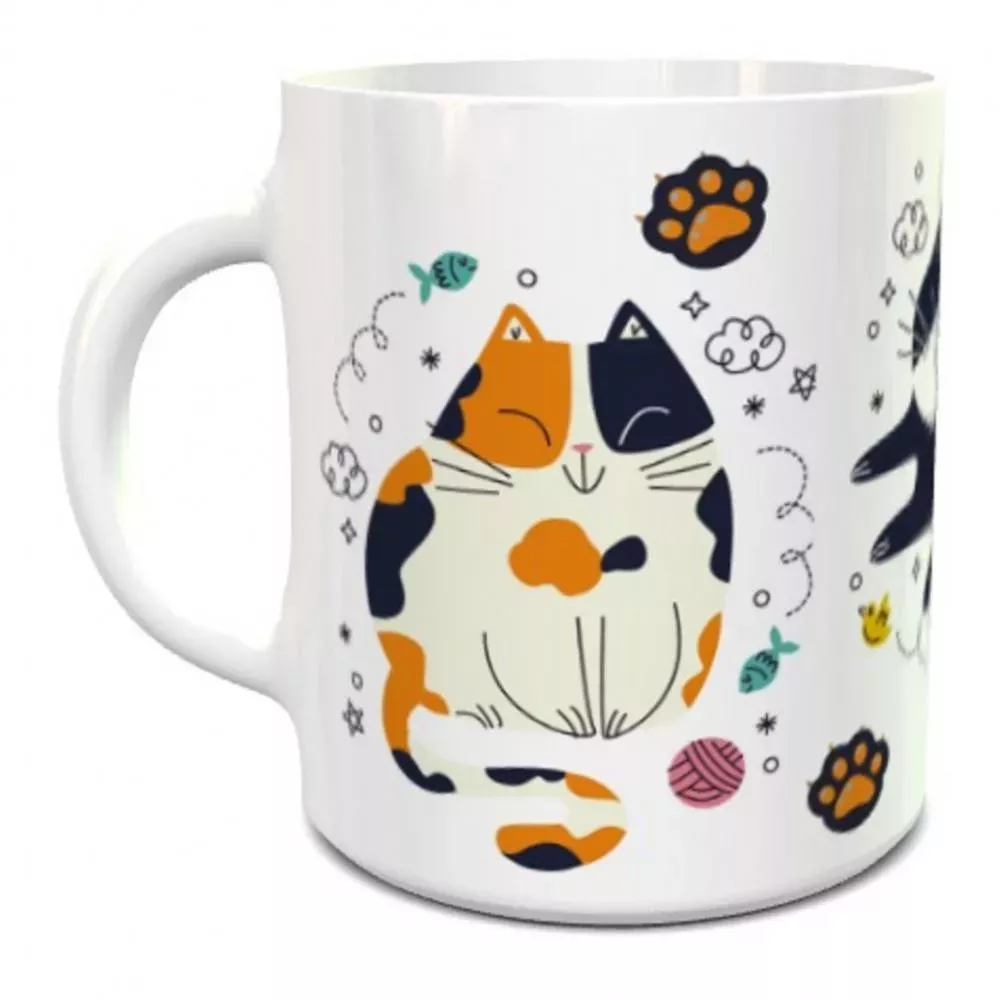 Caneca Porcelana Gatinhos Três Gatos Felizes Portal Vegano