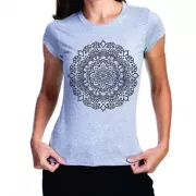 Camiseta Viscose de Bambu Baby Look Cinza Mesclado Mandala