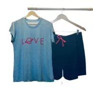 Conjunto Pijama Femino Viscose de Bambu Azul Mescla e Shorts Love