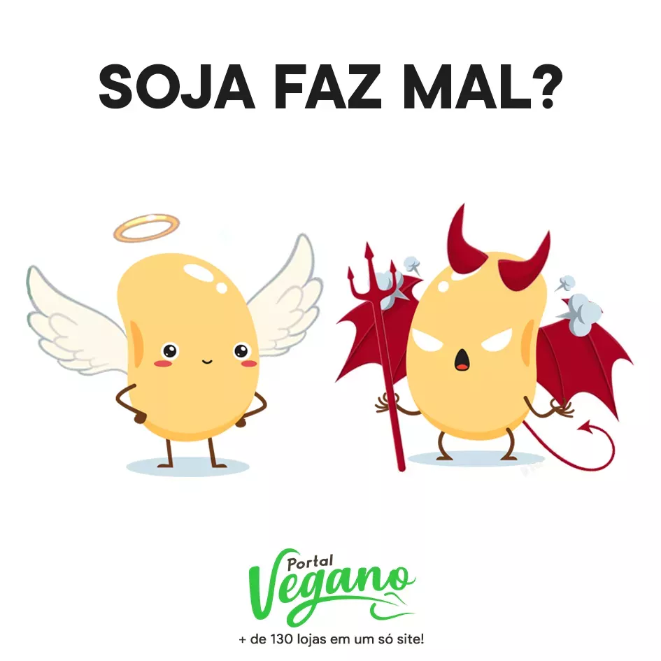 Soja faz mal? - Fundo branco com desenho de dois grãos de soja. Do lado direito, um grão com assas e auréola de anjo brancas. Do lado direito, um grão com tridente, chifres, rabo e asinhas vermelhas. 