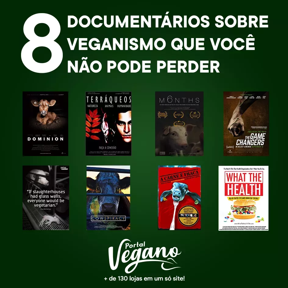 Texto: 8 documentário sobre veganismo que você não pode perder. Na imagem, a capa dos documentários Dominion, Terráquios, Months, The Game Changers, Paredes de Vidro, Cowspiracy, A Carne é Fraca e What The Health 