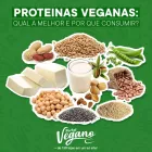 Texto: Proteínas veganas: qual a melhor e por que consumir? Na imagem, diversos tipos de proteínas veganas como tofu, grão de bico, feijões, ervilhas etc 