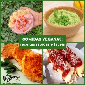 Comidas veganas: receitas rápidas e fáceis - Na imagem, sob o texto, encontram-se quatro pratos veganos. Sorvete de morango, molho pesto, galettes de cenoura e panquecas